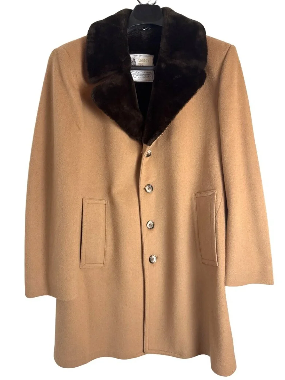 Vintage Men's London Fog Wool Camel Coat Brown Collar Size 42R Old Money